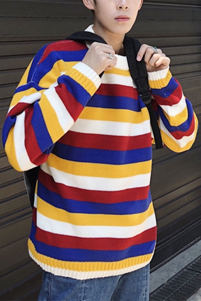 BU2H Men Long Sleeve Crewneck Striped Color Block Knit Pullover Sweater 