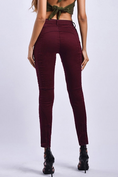 Cool Burgundy Womens Jeans Plain Pleated Zipper Fly Slim Fit 7/8 Length Tapered Jeans