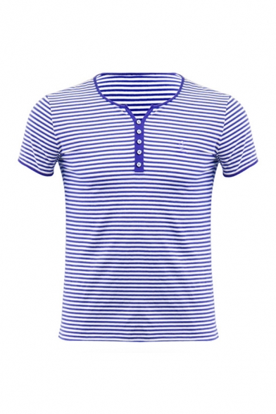 Cool Mens T-Shirt Pinstriped Printed Button Detail Split Neck Short Sleeve Slim Fitted T-Shirt
