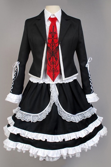 Cosplay Girls Lace-up Stringy Selvedge Long Sleeve Notched Collar Blazer Tiered Shirt Dress Tie Socks Set in Black