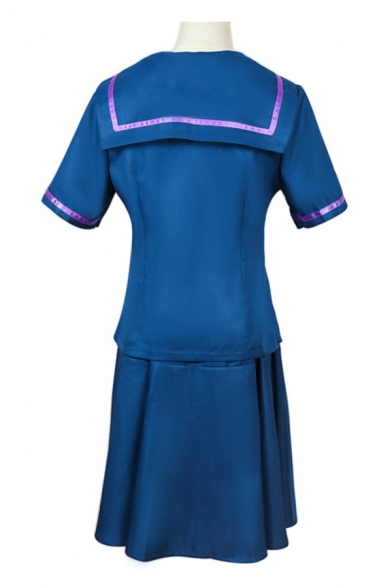 Creative Contrasted Short Sleeve Sailor Collar Tied Flower Embroidered Fit Top & Short Fit & Flared Skirt JK Uniform Set in Blue