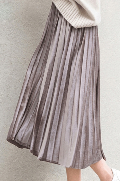 solid elastic waist pleated skirt