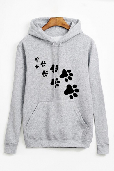 

Cute Dog' Paw Printed Long Sleeve Drawstring Hood Leisure Slim Hoodie, Black;gray, LC465615