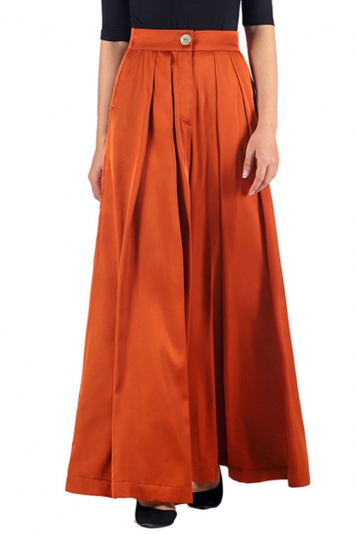 

Dainty Trousers Solid Color Pockets High Waist Zip Closure Button Detail Long Length Pleated Wide-leg Orange Trousers for Women, LM695786