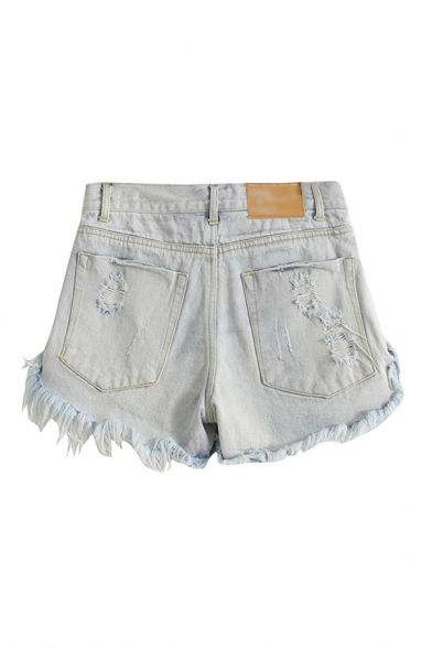 Dainty Women's Shorts Patched Detail Distressed Zip Closure Rivets Pockets Mid Rise Regular Fit Jean Shorts with Washing Effect