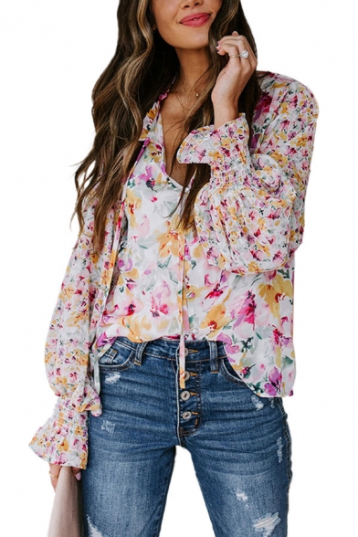 Fancy Womens Allover Flower Printed Long Sleeve V-neck Button up Loose Fit Shirt in Pink