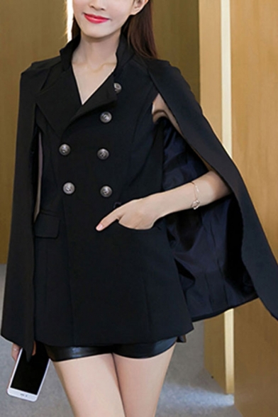 Fashion Double Breasted Stand-Up Collar Structured Shoulder Cape