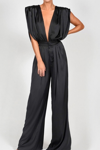 Fashion Jumpsuits Plain Tie Sleeveless Zip Placket Long Length Deep V Neck Crinkled Loose Fit Jumpsuits for Women