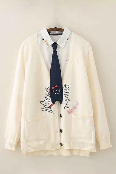 Japanese Letter Cat Embroidered Long Sleeve V-neck Button Up Knit Loose Fit Pretty Cardigan in Beige