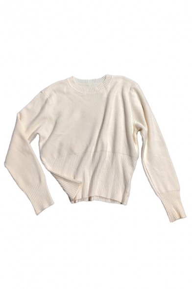 Ladies Simple Knit Solid Color Round-neck Long Sleeve Slim Fit Pullover Sweater