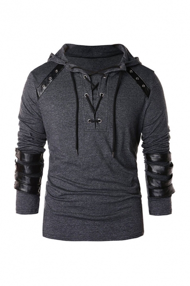 Men's Trendy Hooded Sweatshirt Patchwork Lace-up Grommets Long Sleeve Slim Fitted Hooded Sweatshirt