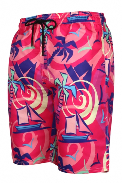 Mens 3D Stylish Shorts Cartoon Coconut Tree Sailboat Wave Dots Pattern Pocket Drawstring Mid Waist over the Knee Length Regular Fitted Relax Shorts