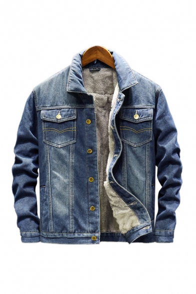 Mens Fashion Jacket Spread Collar Pockets Button Placket Top-stitching Long-sleeved Lined Regular Fit Denim Jacket with Washing Effect