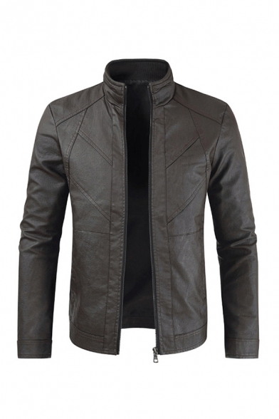 Mens Jacket Stylish Zipper Vents Mock Neck Long Sleeve Slim Fitted Leather Jacket