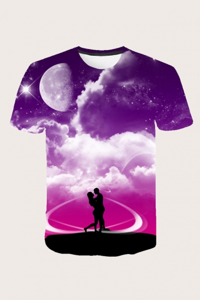 Mens Popular 3D T-Shirt Galaxy Figure Couple Fairy Moon Cloud Pattern Round Neck Regular Fitted Short Sleeve Tee Top
