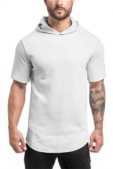 Mens Summer Basic Simple Plain Short Sleeve Fitted Hooded T-Shirt