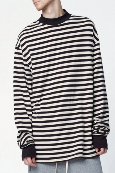 Mens T-Shirt Simple Horizontal Striped Printed Tunic Loose Fitted Long Sleeve Round Neck T-Shirt