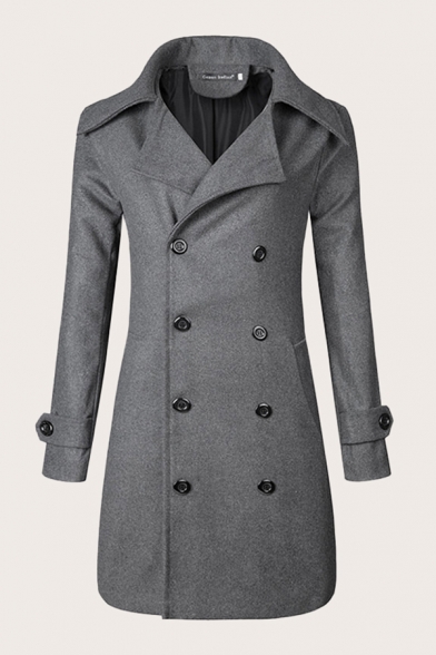 Mens Trench Coat Simple Plain Double-Breasted Epaulet Cuffs Design Notched Lapel Collar Slim Fitted Long Sleeve Trench Coat