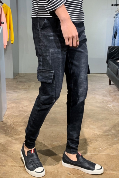 New Trendy Letter Tape Patched Flap Pocket Side Zipper Vent Men's Black Skinny Fit Cargo Jeans