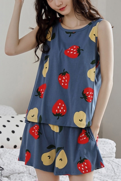 

Pop Ladies All Over Fruit Print Crew Neck Sleeveless Loose Tank Top & Pocket Shorts Pajama Set in Blue, LM686416