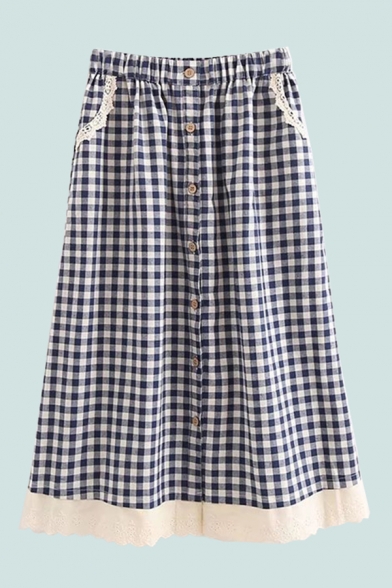 Popular Skirt Checked Pattern Button Pocket Lace Trim High Waist Elastic Midi A-Line Skirt for Ladies
