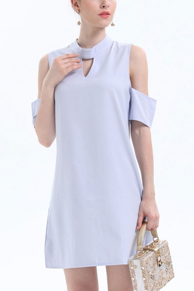 Pretty Womens Solid Color Hollow Out Back Cold Shoulder Keyhole Neckline Short Shift Dress with Sleeves