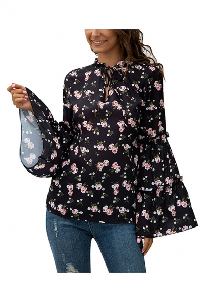 Retro Womens All over Floral Print Stringy Selvedge Keyhole Tie Neck Bell Long Sleeve Relaxed Fit Blouse Top