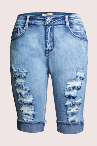 Retro Womens Blue Shorts Faded Wash Ripped Stretch Frayed Hem Rolled Cuffs Zippered Slim Fit Denim Shorts