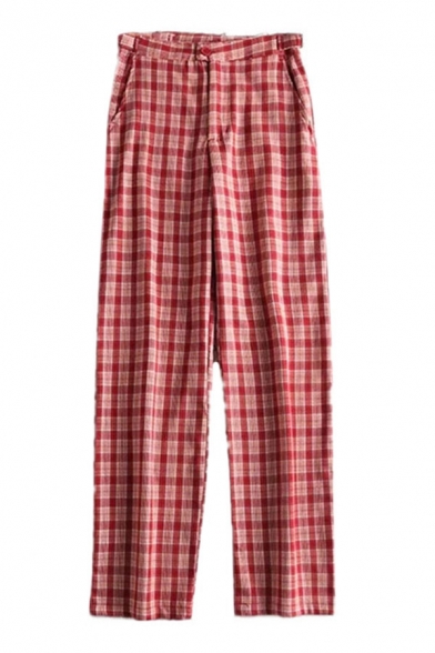 Retro Womens Pants Plaid Printed Zipper Fly Regular Fit Long Straight Relaxed Pants