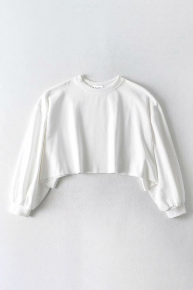 Round Neck Long Sleeve Plain Raw Edge Crop Sweatshirt