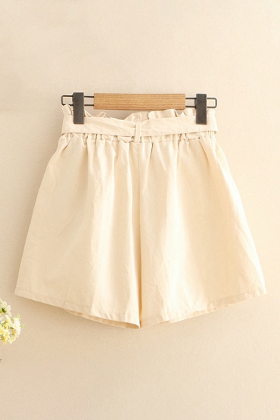 Stylish Womens Shorts Solid Color Bow Pocket Paperbag Waist High Rise Relaxed Fitted Shorts