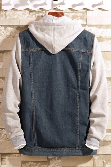 Trendy Men's Jacket Patchwork Long Sleeves Drawstring Button Closure Medium Wash Pocket Hooded Fitted Denim Jacket