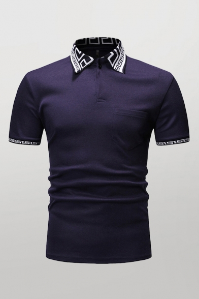 Trendy Mens Polo Shirt Maze Lines Pattern Contrast Trim Short-sleeved Button Detail Spread Collar Slim Fitted Polo Shirt with Pocket
