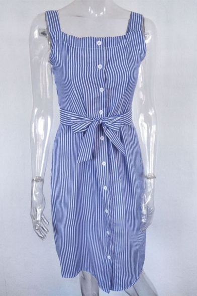 Trendy Striped Printed Sleeveless Button Down Tied Waist Midi Shift Dress for Women