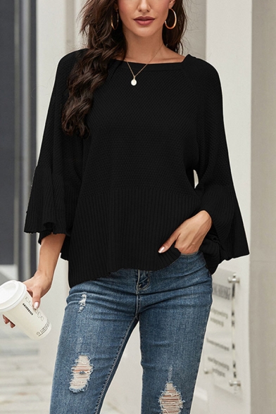 

Trendy Womens Plain Bow Tie Cut Out Back Crew Neck 3/4 Sleeve Loose Fit Knitted Sweater, Black;white;khaki, LM685712