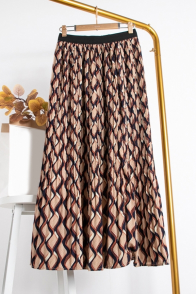 Unique Ladies Skirt Contrast Waving Line Pattern Pleated High Waist Elastic Maxi A-Line Skirt