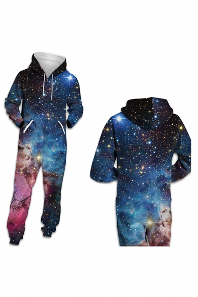 Unique Womens 3D Jumpsuit Galaxy Stars Pattern Pocket Drawstring Zip Full Sleeve Ankle Length Relax Fit Hooded Jumpsuit