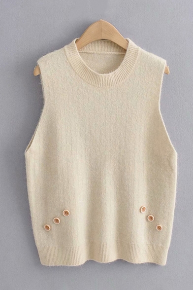 Unique Womens Solid Color Button Embellished Sleeveless Mock Neck Loose Fit Knit Pullover Sweater Vest
