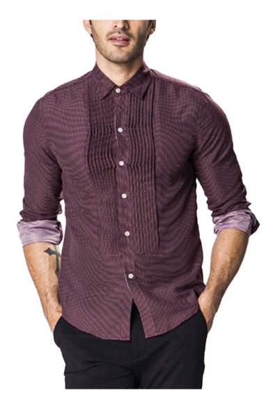 Vintage Mens Shirt Dot Pattern Pleated Spread Collar Button-down Regular Fit Long Sleeve Shirt