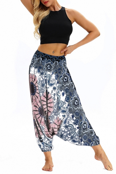 

Vintage Womens 3D Pants Paisley Floral Printed Cuffed Dropped Inseam Cropped Mid Elastic Waist Relaxed Pants, Blue;white;navy;blue-pink, LM678972