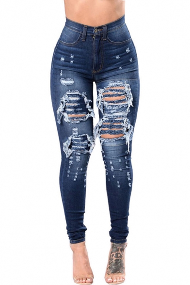 Women's Fancy Jeans Distressed High-rise Pockets Full Length Zip Fly Dark Wash Skinny Jeans