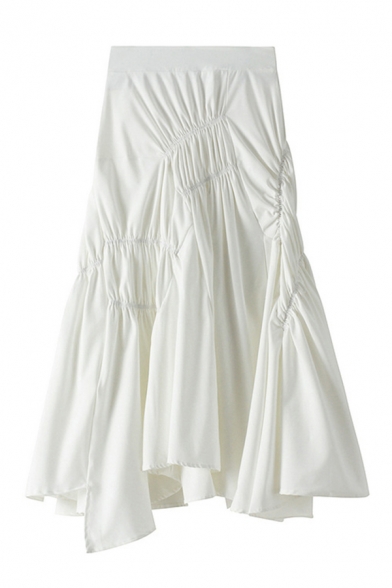 Womens A-Line Skirt Chic Plain Ruched Detail Asymmetric Hem Maxi A-Line Skirt