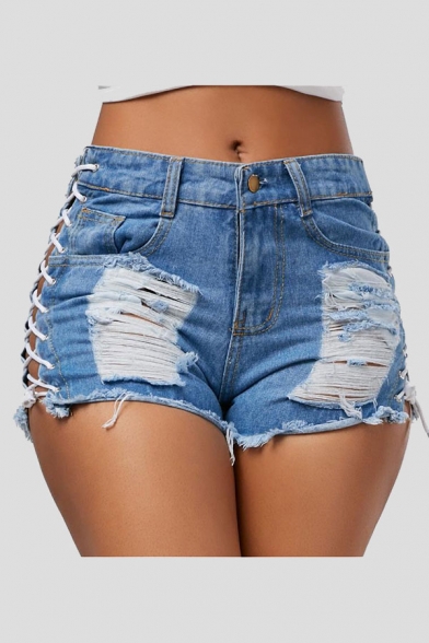 

Womens Cool Sexy Night Club Hollow Lace-Up Side Frayed Hem Skinny Light Blue Denim Shorts, LM542170