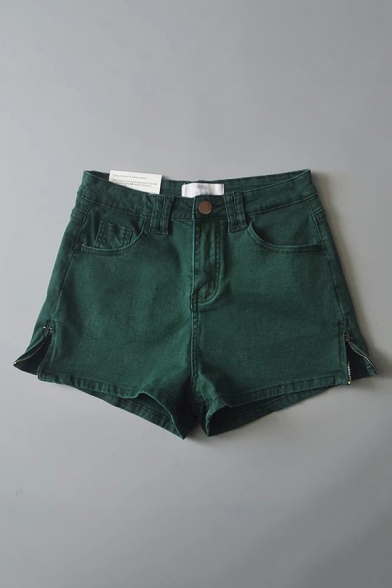 

Womens Denim Shorts Stylish Plain Side-Zipper A-Line Regular Fitted Denim Shorts, Black;burgundy;green;white;navy, LM695568