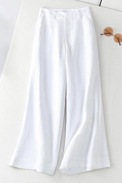 Womens Pants Simple Plain Linen Loose Fitted Full Length Wide Leg Relaxed Pants