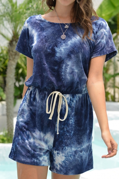 Womens Rompers Unique Tie Dye Drawstring Waist Keyhole-Back Boat Neck Loose Fitted Short Sleeve Rompers