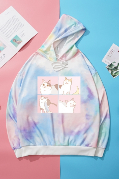Stylish Hoodie Tie Dye Cat Printed Long Sleeves Drawstring Relaxed Fitted Hooded Sweatshirt for Women