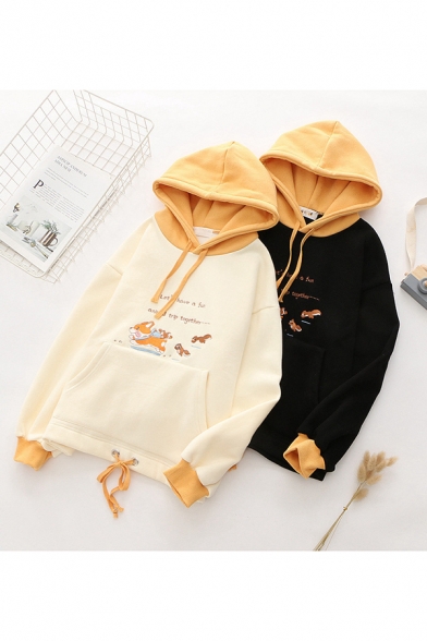 Stylish Womens Hoodie Cartoon Squirrel Dog Letter Animals Trip Together Embroidery Drawstring Long Sleeve Fitted Hooded Sweatshirt