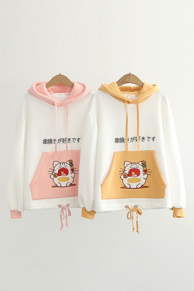 Chic Hoodie Cartoon Animal Japanese Letter Printed Drawstring Long Sleeve Regular Fitted Hooded Sweatshirt for Women