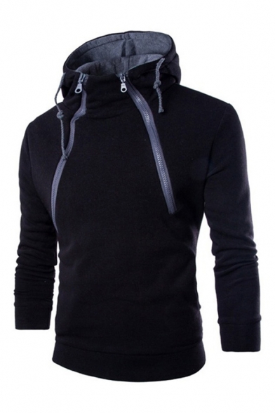 Chic Hoodie Solid Colored Zip Embellishment Drawstring Slim Fitted Long Sleeve Hoodie for Men